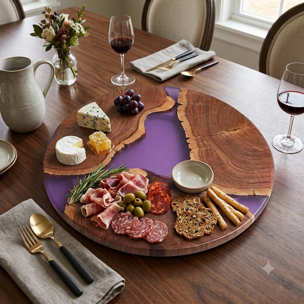 Round Wooden & Resin Platter - Purple Inlay