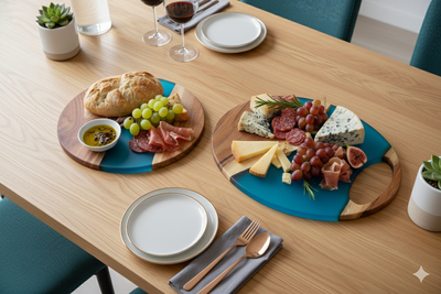 Aqua Epoxy & Natural Wood Designer Platters – Set of 2