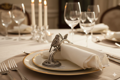 Bird on Branch Napkin Ring Set in Pure Silver Plating