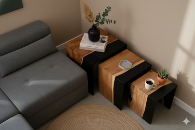 Black Resin & Natural Wood Block Nesting Tables – Set of 3