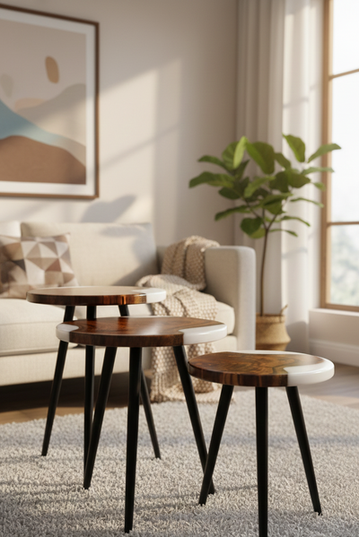 Wood & White Epoxy Nesting Tables – Set of 3 | Handcrafted by WeWood India