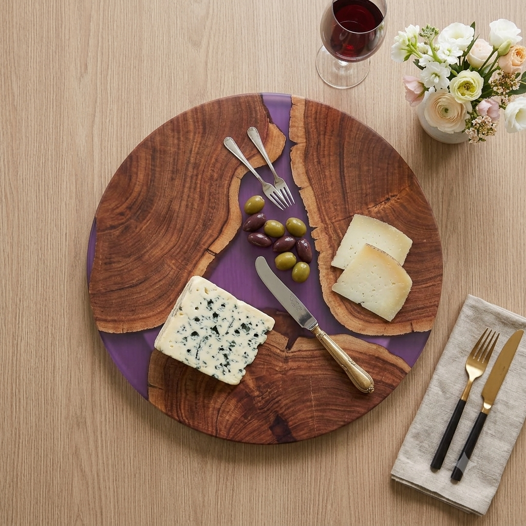Round Wooden & Resin Platter - Purple Inlay
