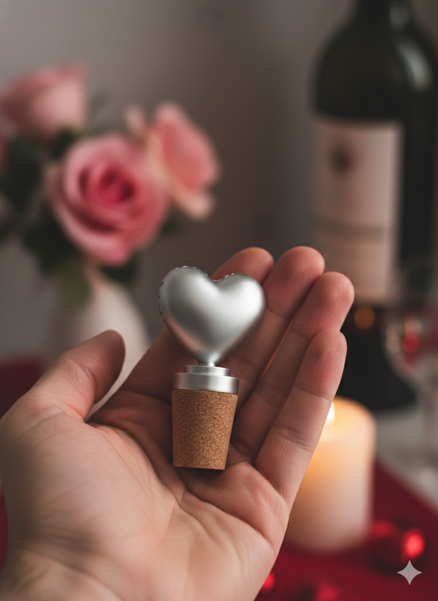 Luxury Heart-Shaped Bottle Stopper in Brass with Pure Silver Polish | Elegant Wine Stopper | Premium Gifting & Bar Accessory