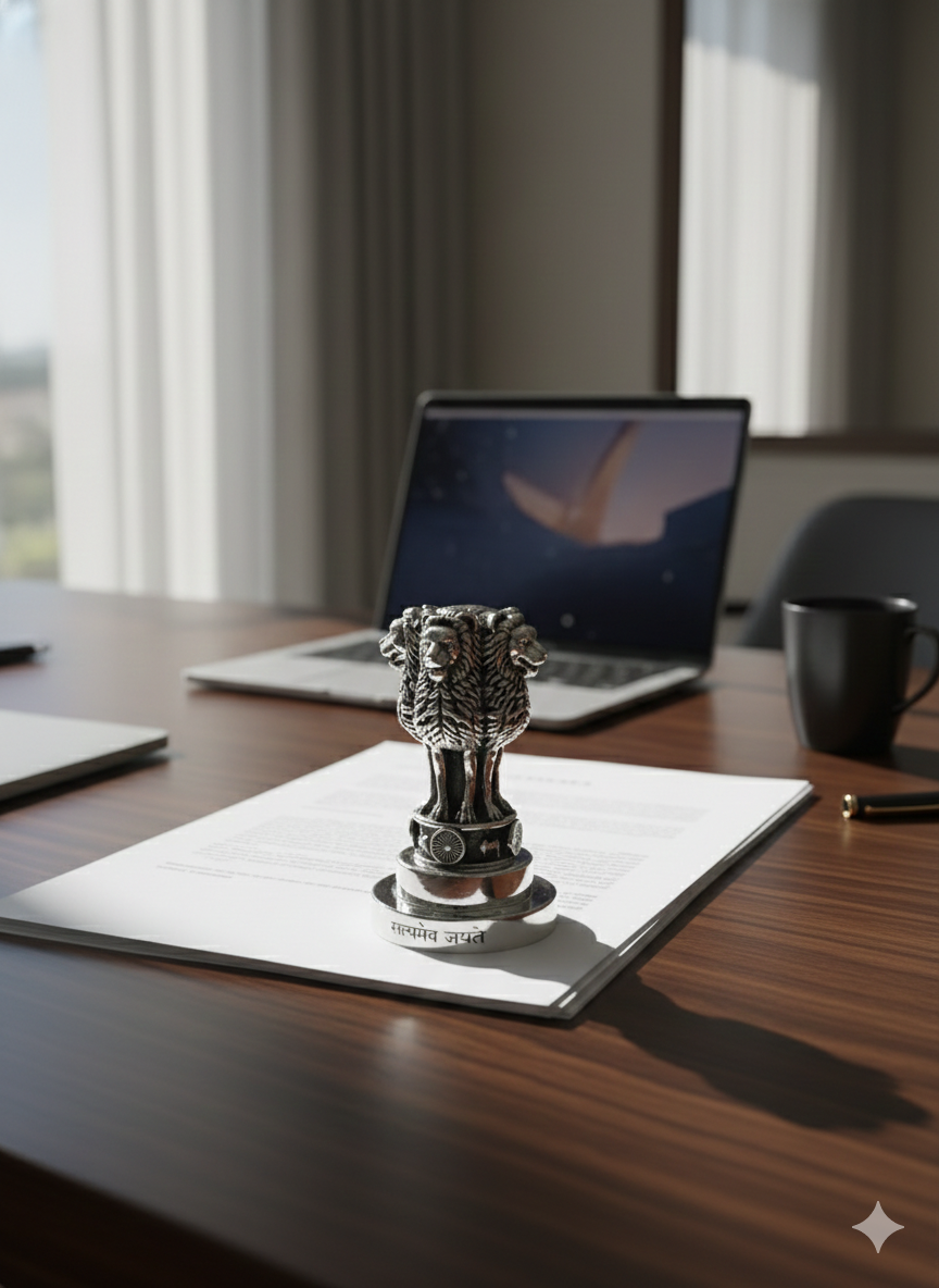 National Emblem Ashoka Lion Paperweight in Brass with Pure Silver Polish | “Satyameva Jayate” Engraved | Premium Desk Décor & Patriotic Gift