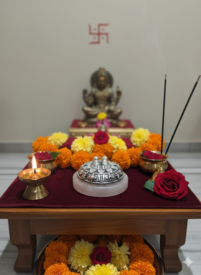 Divine Lakshmi Charan Paduka on Rose Quartz Base – Silver Finish