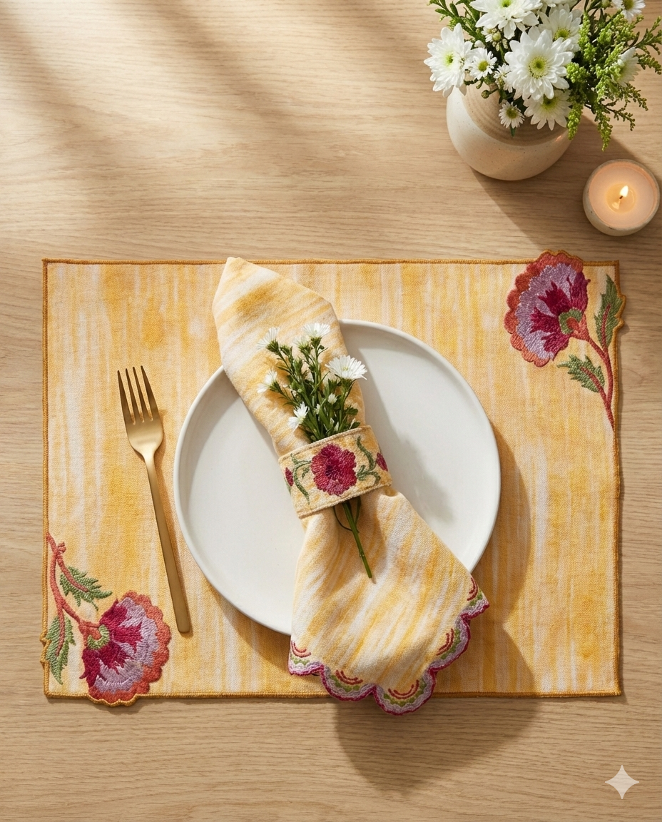 Rahat Yellow Embroidered Napkin Ring -Set of 4