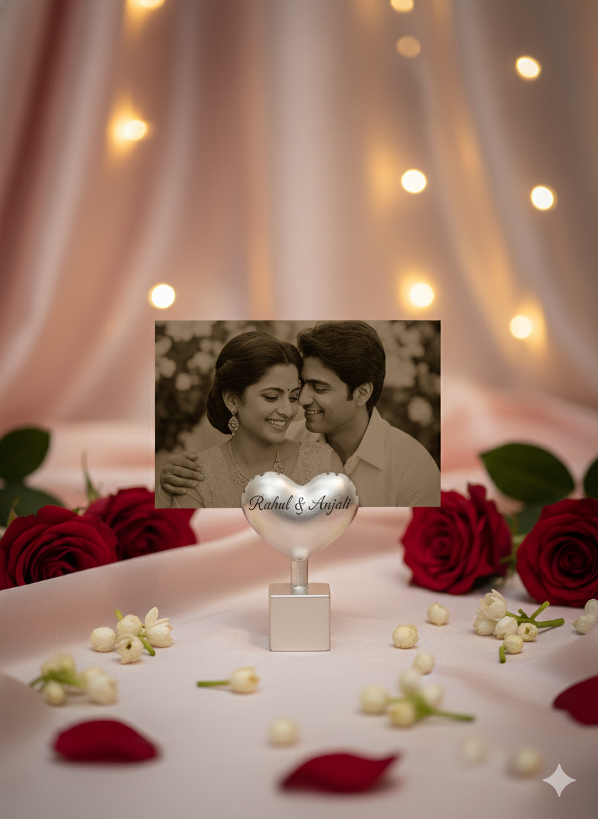 Luxury Heart Card & Photo Holder in Brass with Pure Silver Polish | Handcrafted Desk Accessory | Premium Gifting