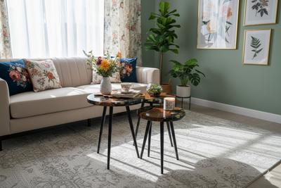 Black Floral Epoxy & Natural Wood Nesting Tables – Set of 3