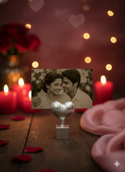 Luxury Heart Card & Photo Holder in Brass with Pure Silver Polish | Handcrafted Desk Accessory | Premium Gifting