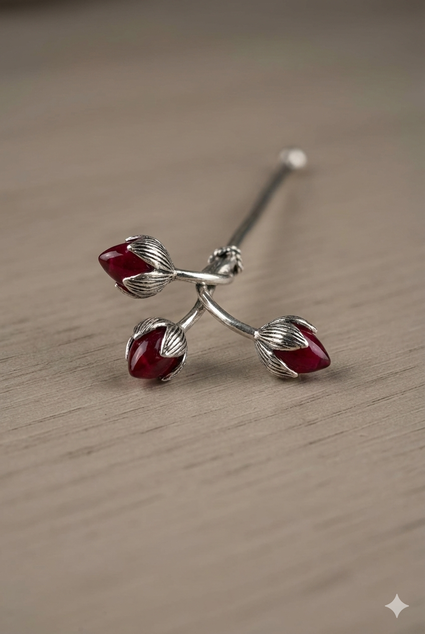 Trishakti Tilak Stick – Silver Finish Sacred Tilak Applicator with Triple Lotus Ends