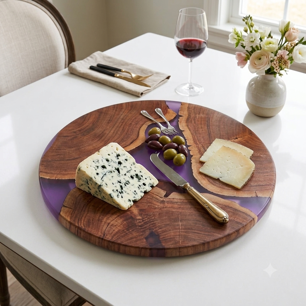 Round Wooden & Resin Platter - Purple Inlay