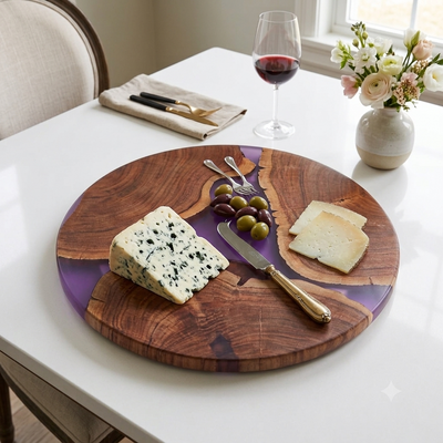 Round Wooden & Resin Platter - Purple Inlay
