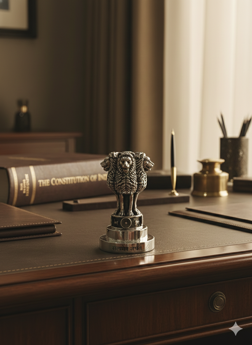 National Emblem Ashoka Lion Paperweight in Brass with Pure Silver Polish | “Satyameva Jayate” Engraved | Premium Desk Décor & Patriotic Gift