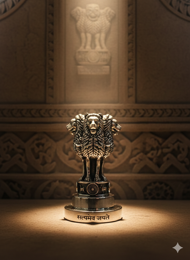 National Emblem Ashoka Lion Paperweight in Brass with Pure Silver Polish | “Satyameva Jayate” Engraved | Premium Desk Décor & Patriotic Gift