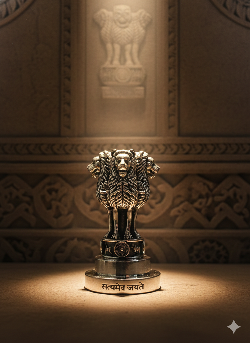 National Emblem Ashoka Lion Paperweight in Brass with Pure Silver Polish | “Satyameva Jayate” Engraved | Premium Desk Décor & Patriotic Gift