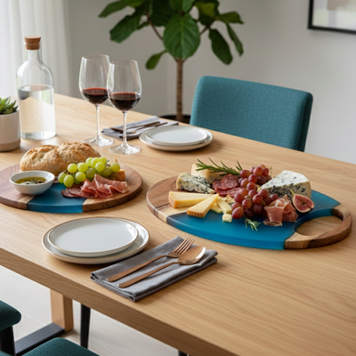 Aqua Epoxy & Natural Wood Designer Platters – Set of 2