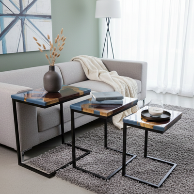 Live-Edge Blue Resin C-Table – Set of 3 (Handcrafted)