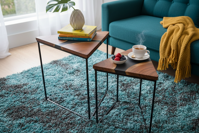 Handcrafted Triangular Wood & Black Epoxy Nesting Tables – Set of 2