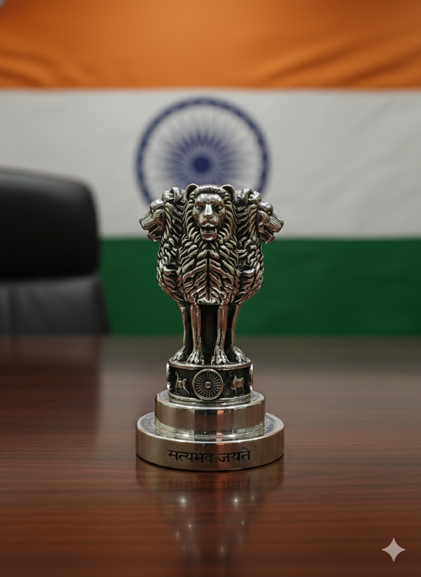 National Emblem Ashoka Lion Paperweight in Brass with Pure Silver Polish | “Satyameva Jayate” Engraved | Premium Desk Décor & Patriotic Gift