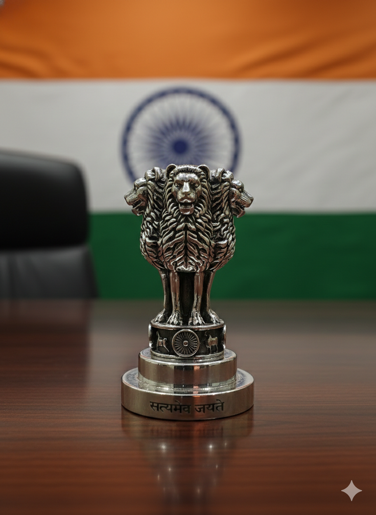 National Emblem Ashoka Lion Paperweight in Brass with Pure Silver Polish | “Satyameva Jayate” Engraved | Premium Desk Décor & Patriotic Gift