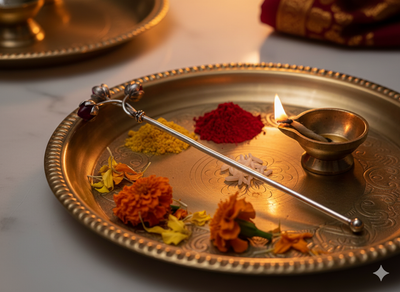 Trishakti Tilak Stick – Silver Finish Sacred Tilak Applicator with Triple Lotus Ends