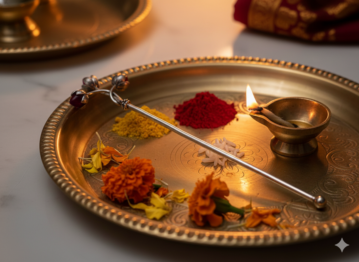 Trishakti Tilak Stick – Silver Finish Sacred Tilak Applicator with Triple Lotus Ends