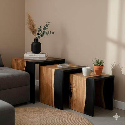 Black Resin & Natural Wood Block Nesting Tables – Set of 3