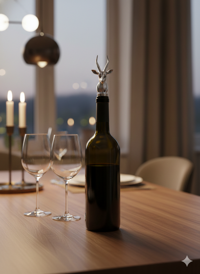 Handcrafted Antelope Head Bottle Stopper in Brass with Pure Silver Polish | Luxury Wine Stopper | Elegant Bar & Home Décor Accessory