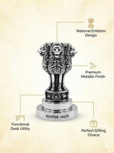National Emblem Ashoka Lion Paperweight in Brass with Pure Silver Polish | “Satyameva Jayate” Engraved | Premium Desk Décor & Patriotic Gift