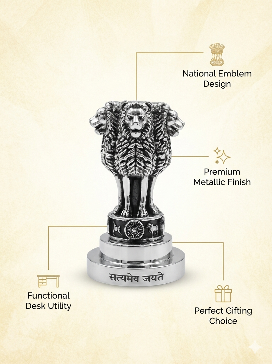 National Emblem Ashoka Lion Paperweight in Brass with Pure Silver Polish | “Satyameva Jayate” Engraved | Premium Desk Décor & Patriotic Gift