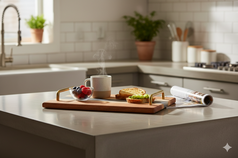 Handcrafted Acacia Wood & Grey Epoxy Serving Tray with Gold Handles