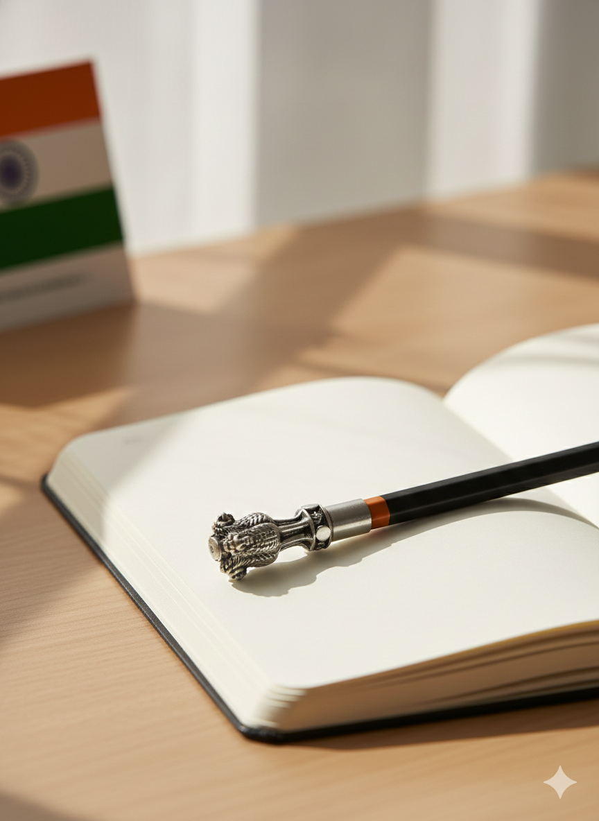 National Emblem Ashoka Lion Pencil Topper in Brass with Silver Polish | Patriotic Stationery Accessory | “Satyameva Jayate” Inspired Desk & Study Décor