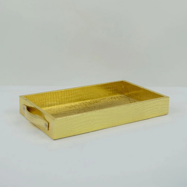 Vegan Leather Rectangular Serving Tray with Handles-Gold