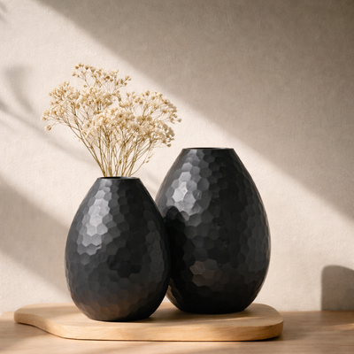 Charcoal Battuto Textured Glass Decorative – Modern Black Hammered Vases (Set of 2)
