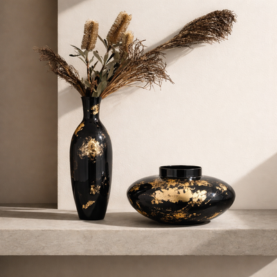 24K Gold Platina Iron Vase Set – Black & Gold Luxury Decorative Vases (Set of 2)