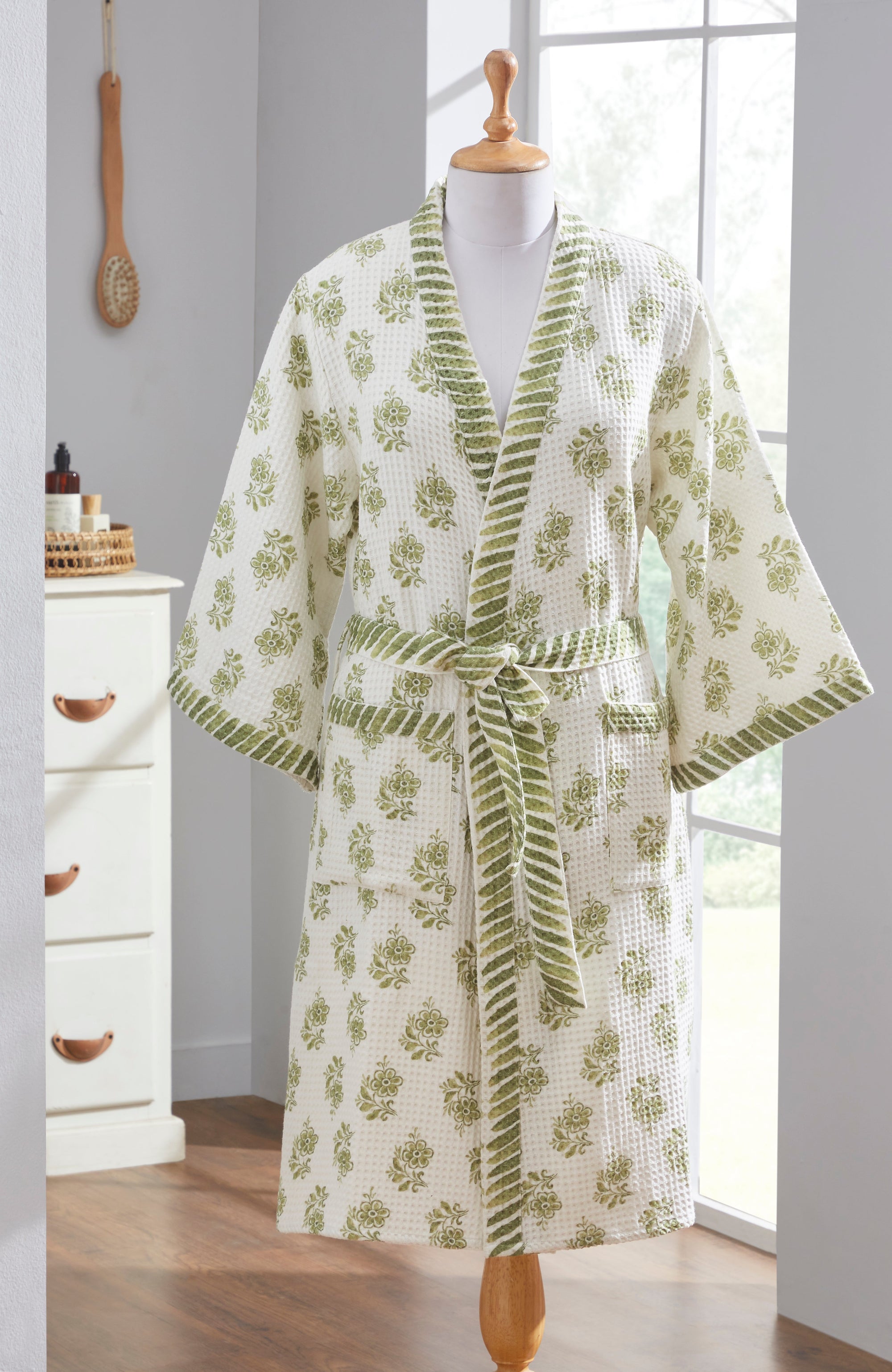 Ayna Green Cotton Waffle Bathrobe