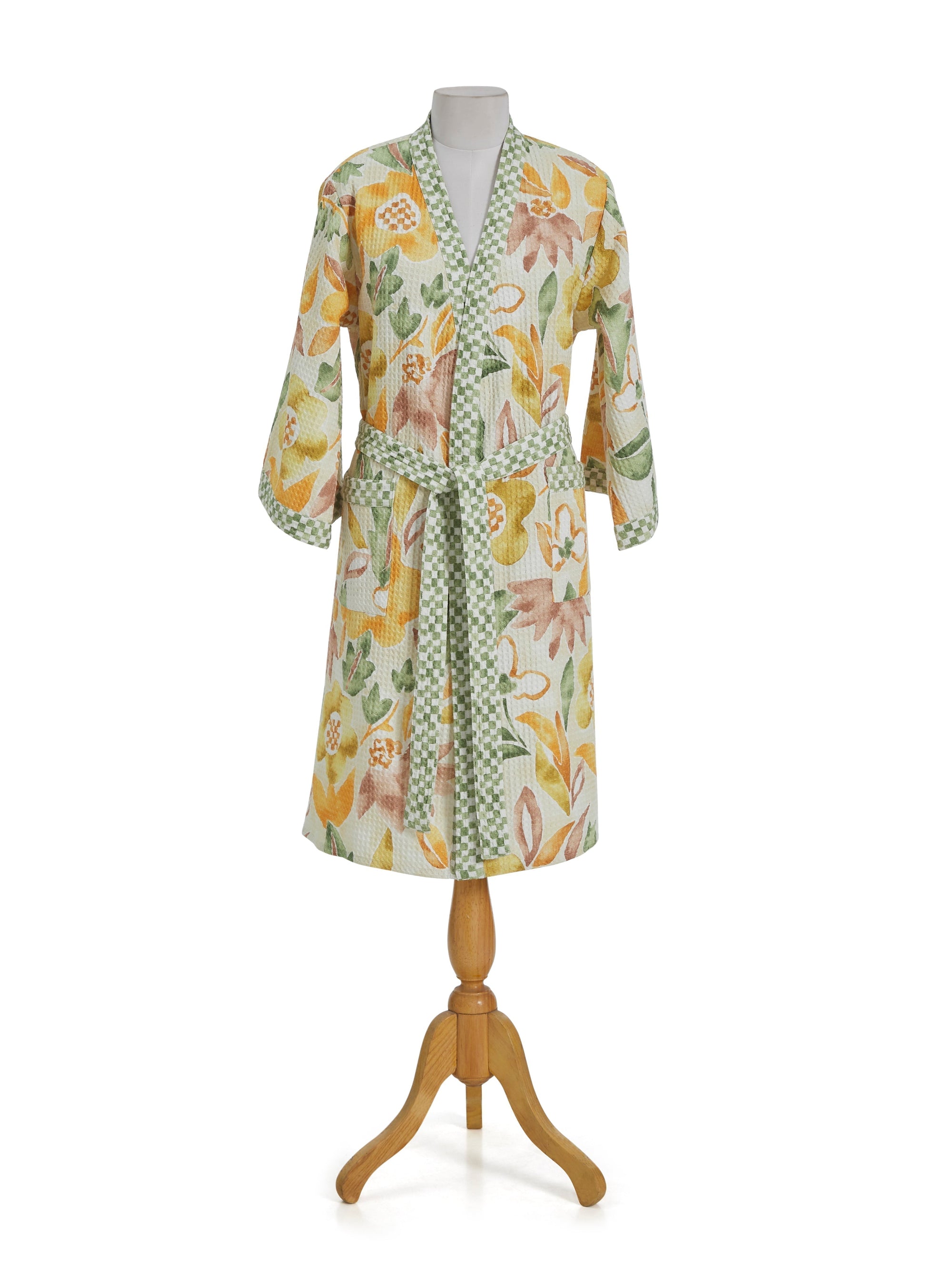 Dancing Floral Yellow Cotton Waffle  Bathrobe