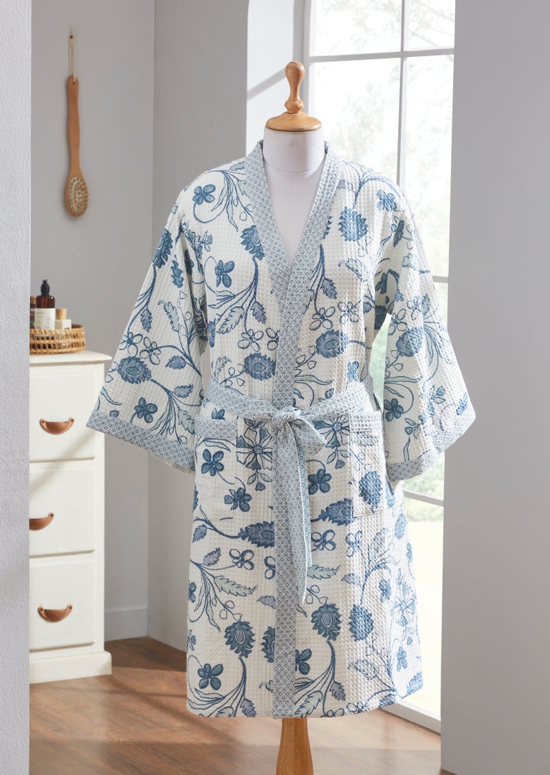 Khwaab Blue Cotton Waffle Bathrobe