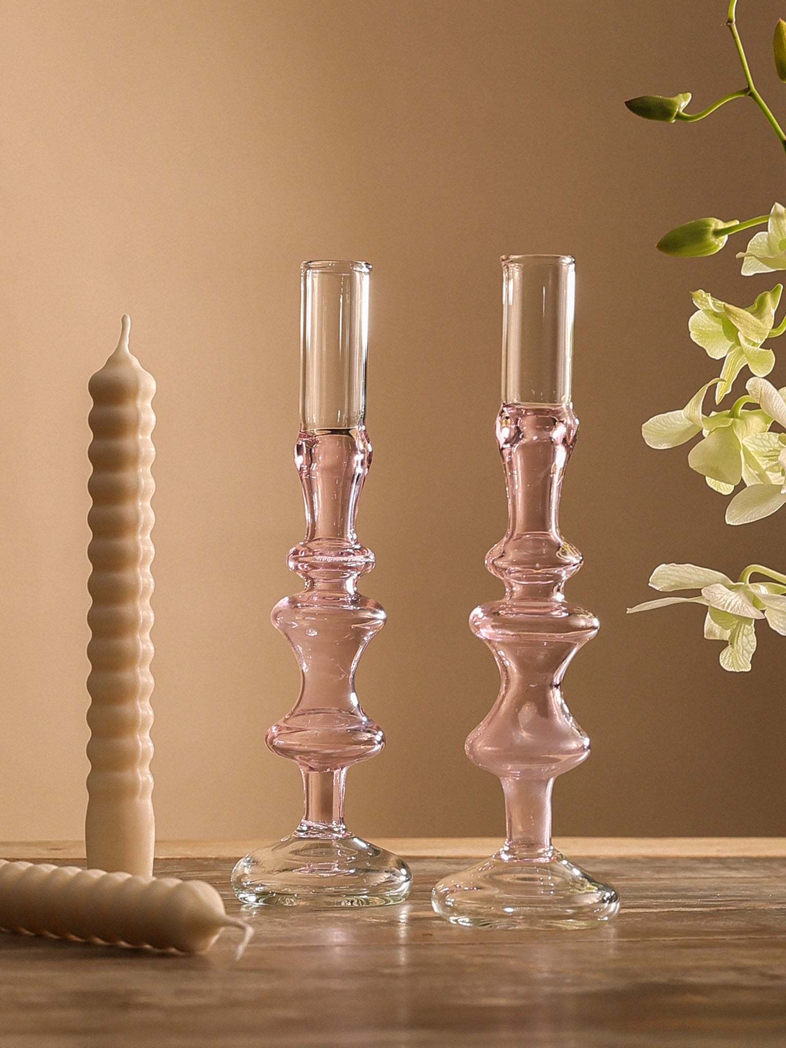 Vintage glass Taper candle holder - Murano Style Pink Blush