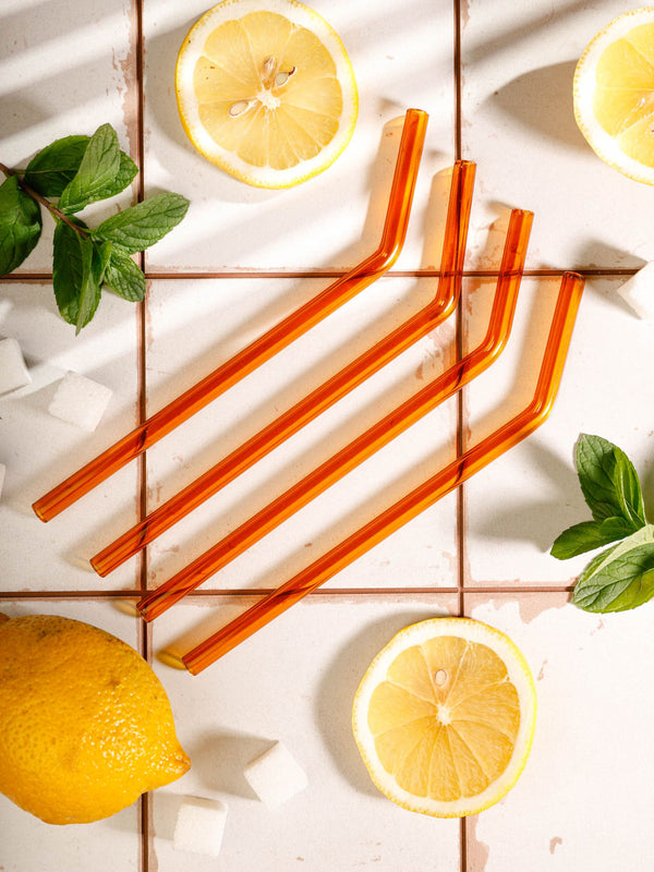 Handblown Glass Straws Set of 6 - Amber Transparent