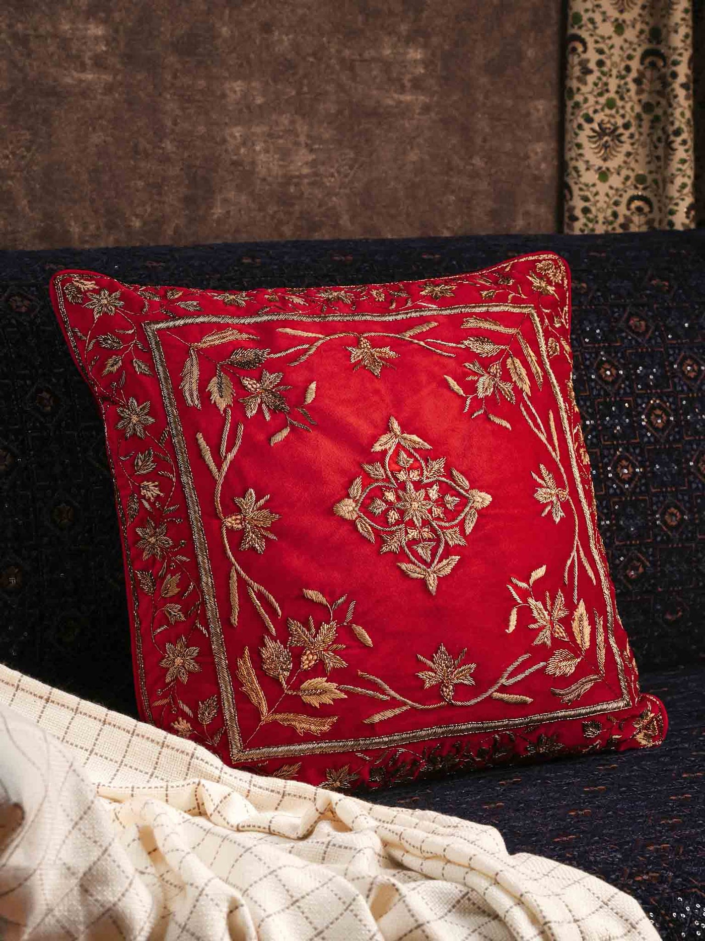 Cushion Cover - Waani Scarlet Embroidered