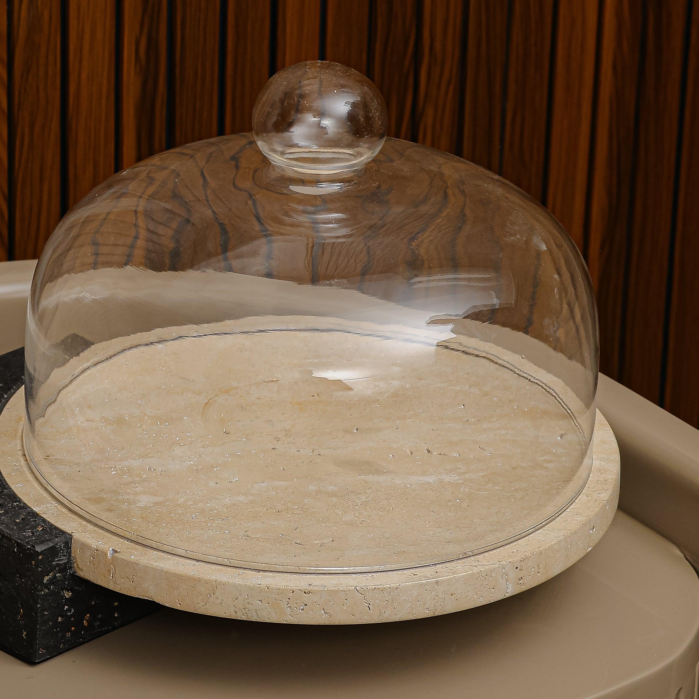 Marble-Cake And Dessert Stand With Lid - Black & Beige Large