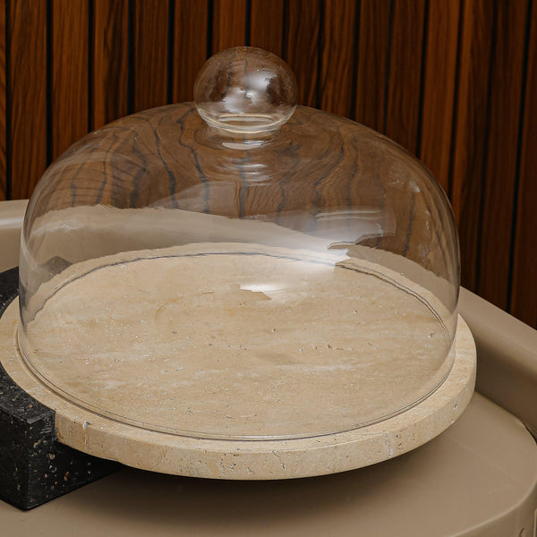 Marble-Cake And Dessert Stand With Lid - Black & Beige Large