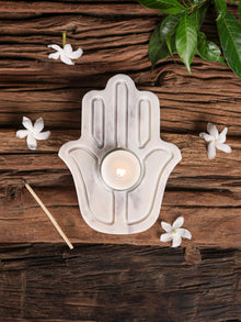Tea Light Candle Holder -White Marble in Hamsa