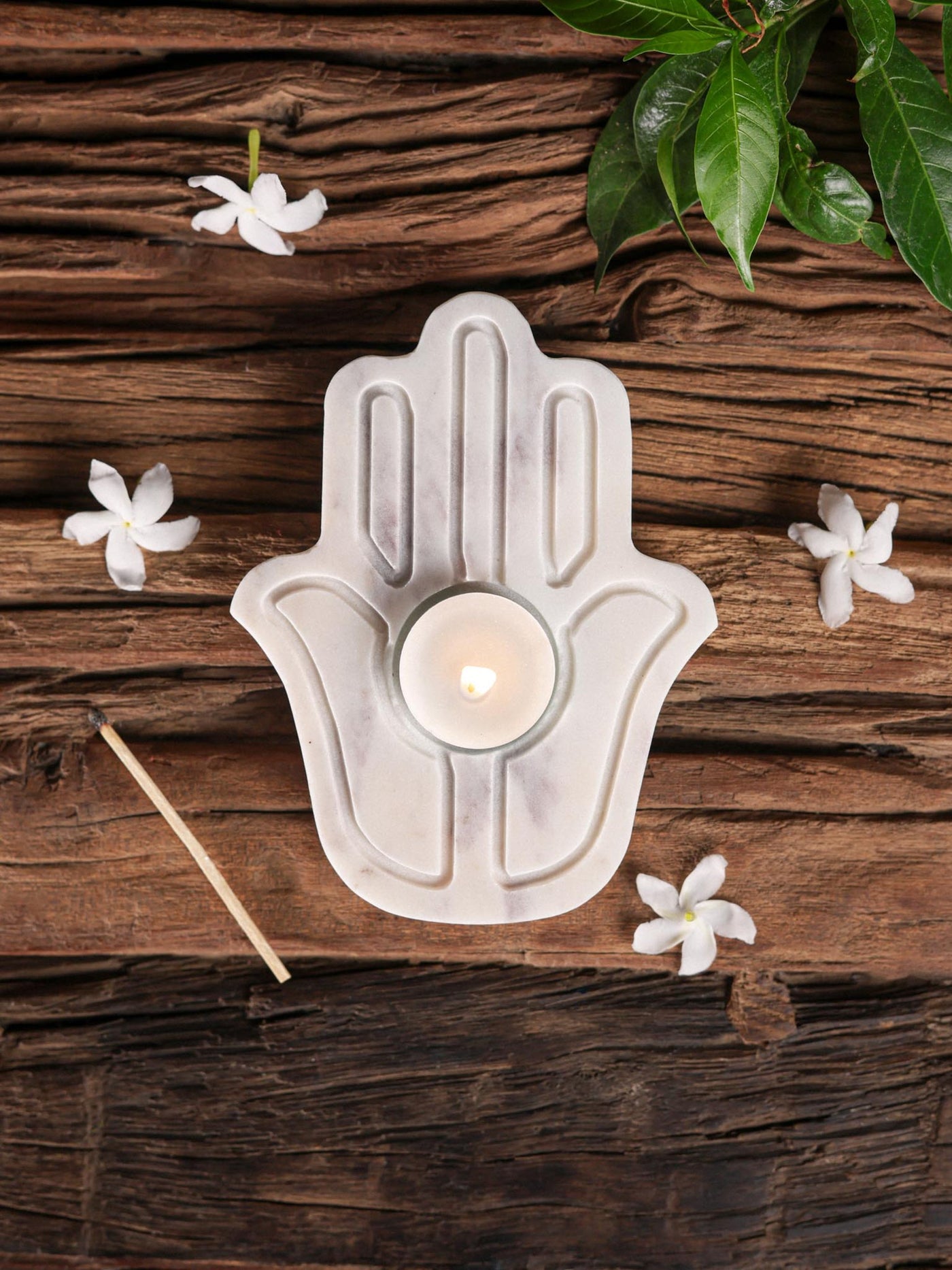 Tea Light Candle Holder -White Marble in Hamsa