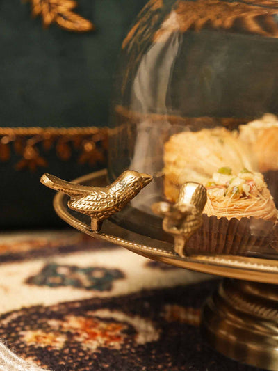 Cake Stand with Glass Cloche -Metal Birdie