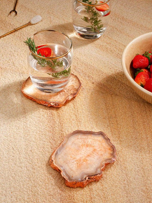Coaster Set of 2 - Crystal Brown Agate with Rose Gold Edging