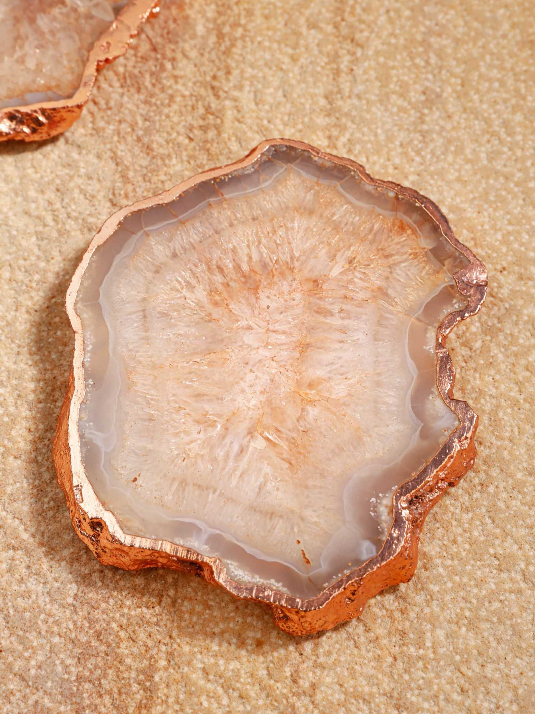 Coaster Set of 2 - Crystal Brown Agate with Rose Gold Edging