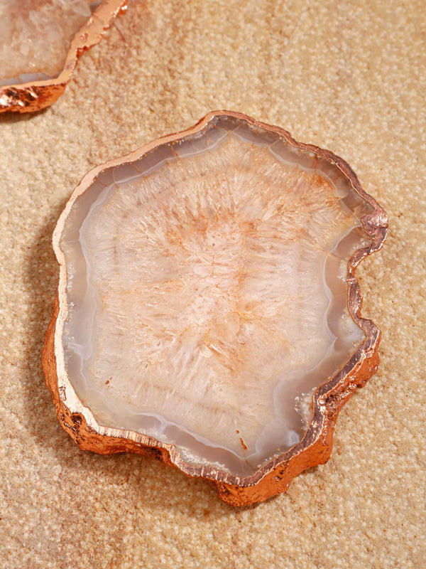 Coaster Set of 2 - Crystal Brown Agate with Rose Gold Edging