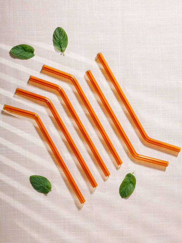 Handblown Glass Straws Set of 6 - Amber Transparent